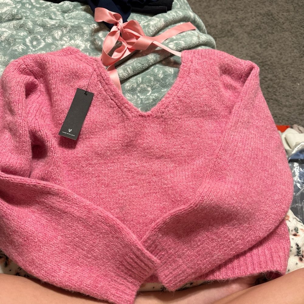 Lulu's Vibrant Pink V-Neck Sweater